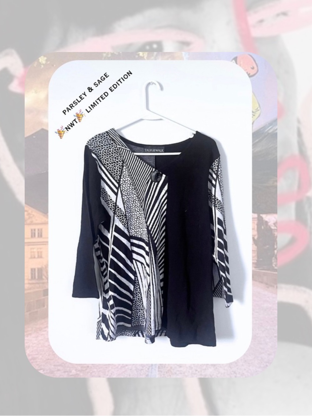 🆕🎉parsley& sage black & gray color block abstract geometric print button sweater
